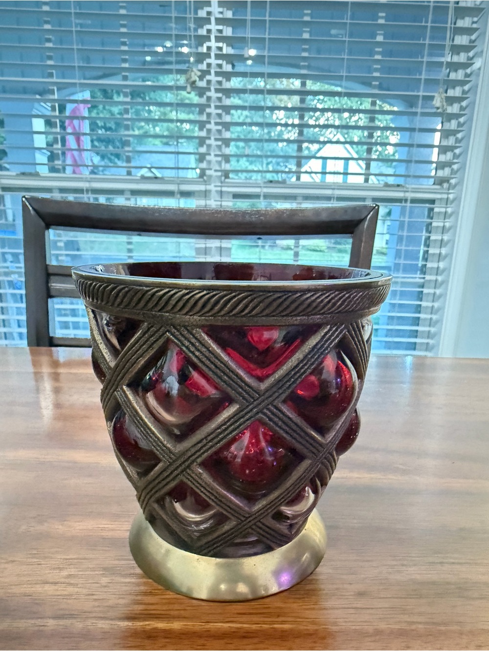 Vintage Hollywood Regency Ruby Red Caged Glass Brass Vase